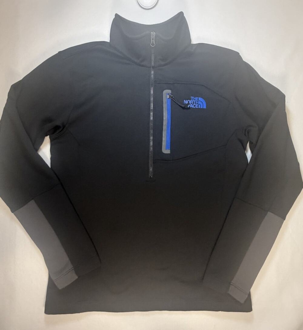 The North Face Men’s Small CUG0 Black 1/4 Zip Pullover Jacket Blue Chest Pocket